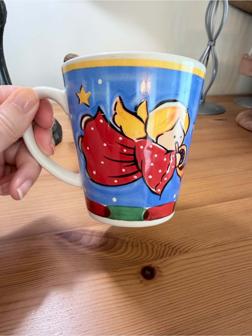 Hand-Painted Angel Ceramic Mug in Blue, Red and Yellow